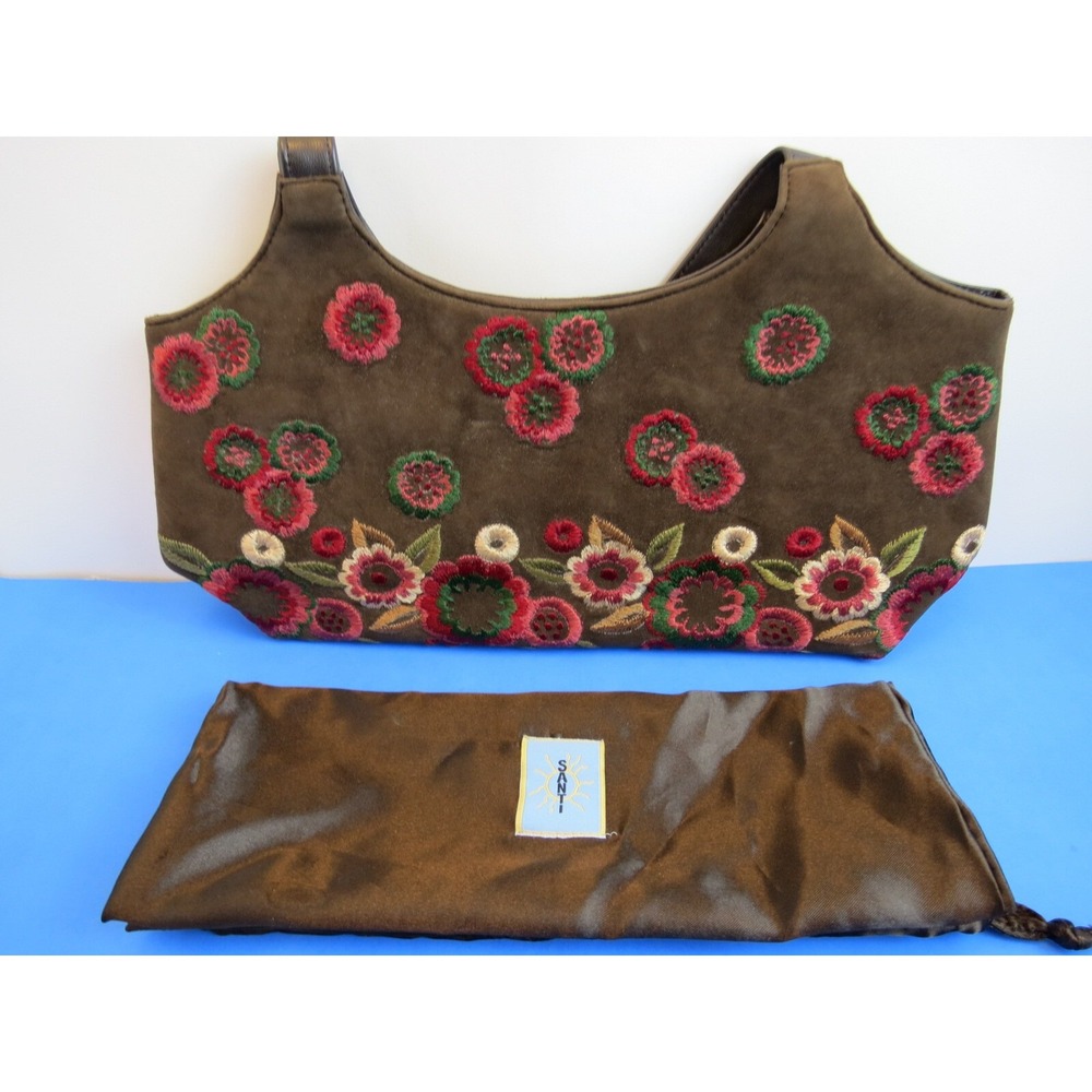 Santi Brown Leather Purse Handbag Embroidered Flowers Satchel Italy Floral